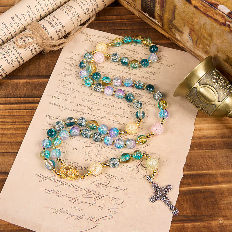 AMUSOUL Miraculous Medal & Celtic Cross of 8 mm Round Multicolor Glass Alloy Chain Rosary