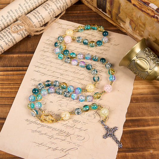 AMUSOUL Miraculous Medal & Celtic Cross of 8 mm Round Multicolor Glass Alloy Chain Rosary