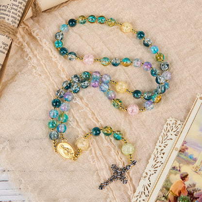 AMUSOUL Miraculous Medal & Celtic Cross of 8 mm Round Multicolor Glass Alloy Chain Rosary