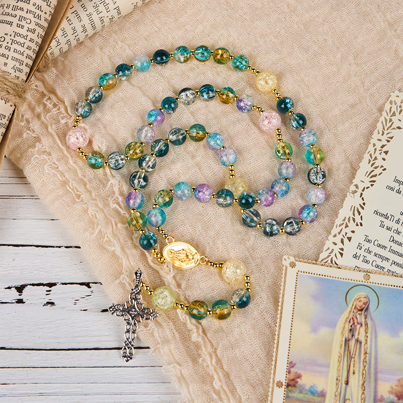 AMUSOUL Miraculous Medal & Celtic Cross of 8 mm Round Multicolor Glass Alloy Chain Rosary