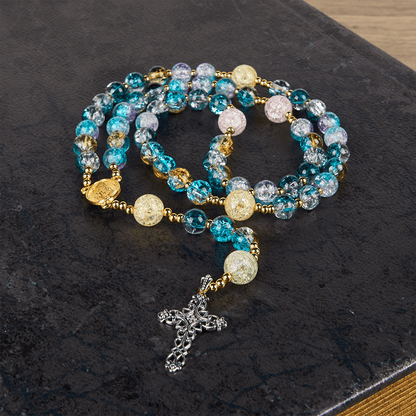 AMUSOUL Miraculous Medal & Celtic Cross of 8 mm Round Multicolor Glass Alloy Chain Rosary