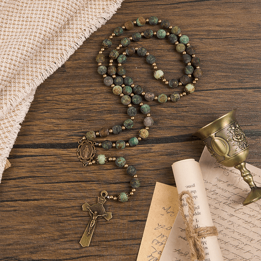 AMUSOUL Retro Style Miraculous Medal & Crucifix of 8mm Matte African Turquoise Handmade Rosary