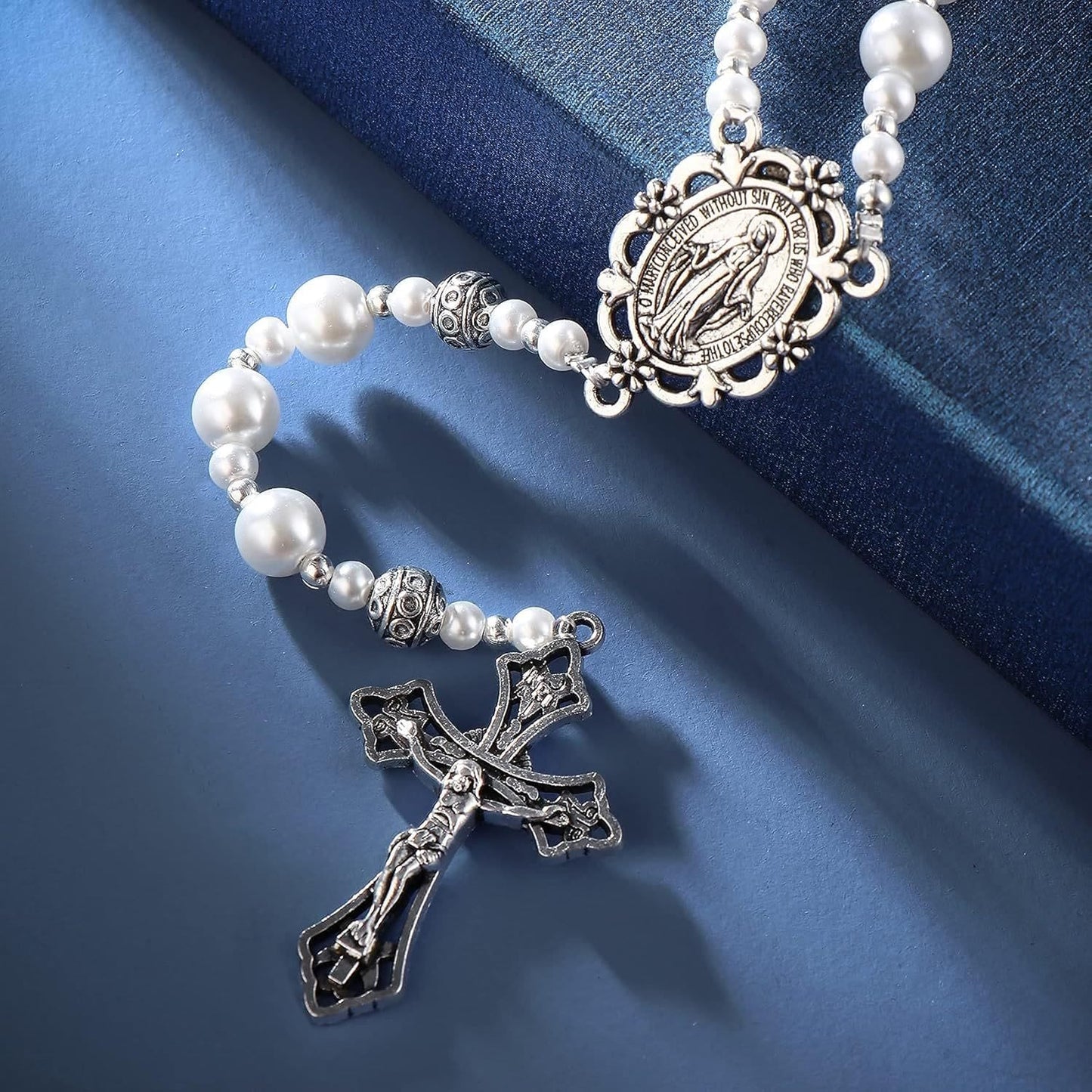 AMUSOUL Miraculous Medal & Crucifix of 8mm White  Pearl Ball Prayer Beads Rosary