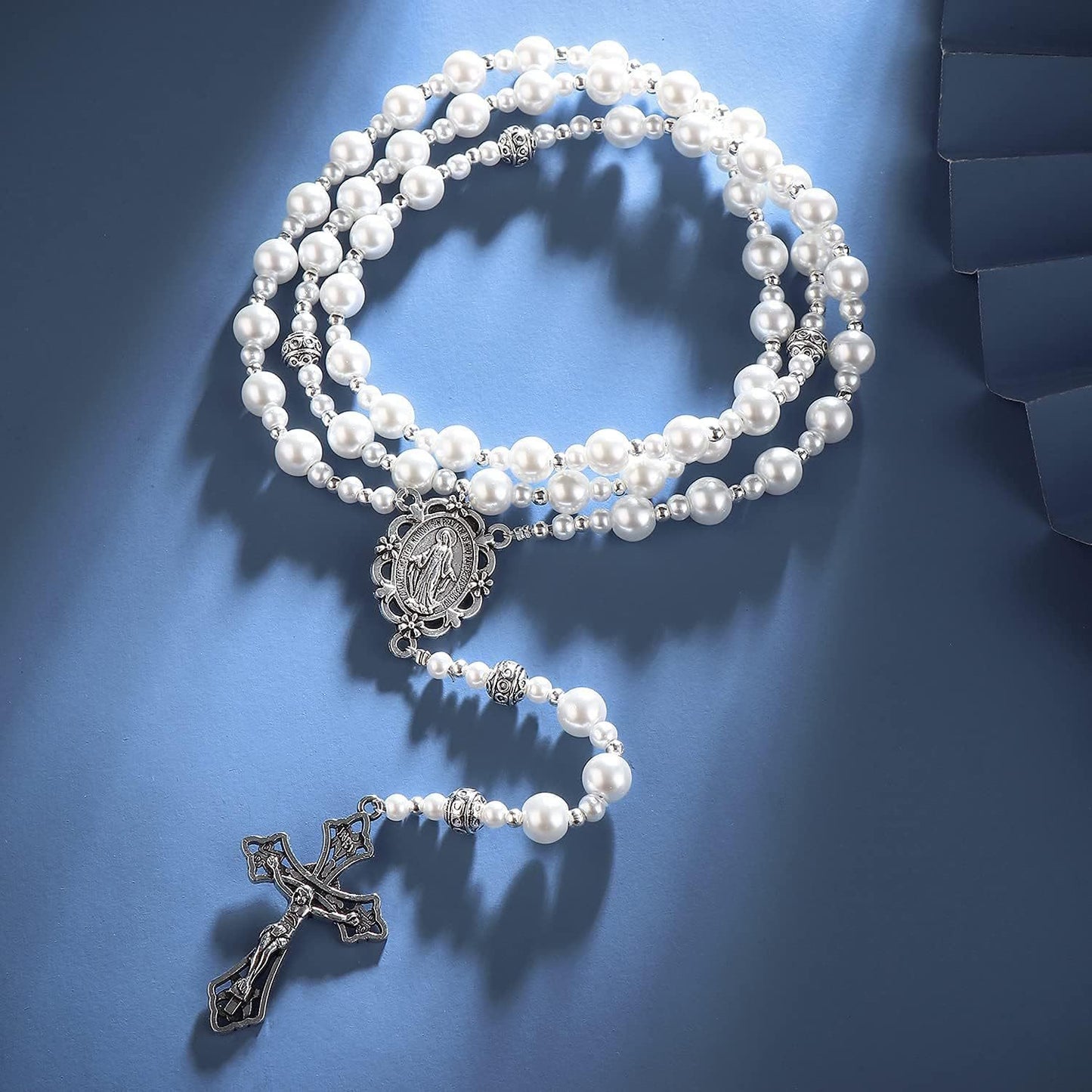 AMUSOUL Miraculous Medal & Crucifix of 8mm White  Pearl Ball Prayer Beads Rosary