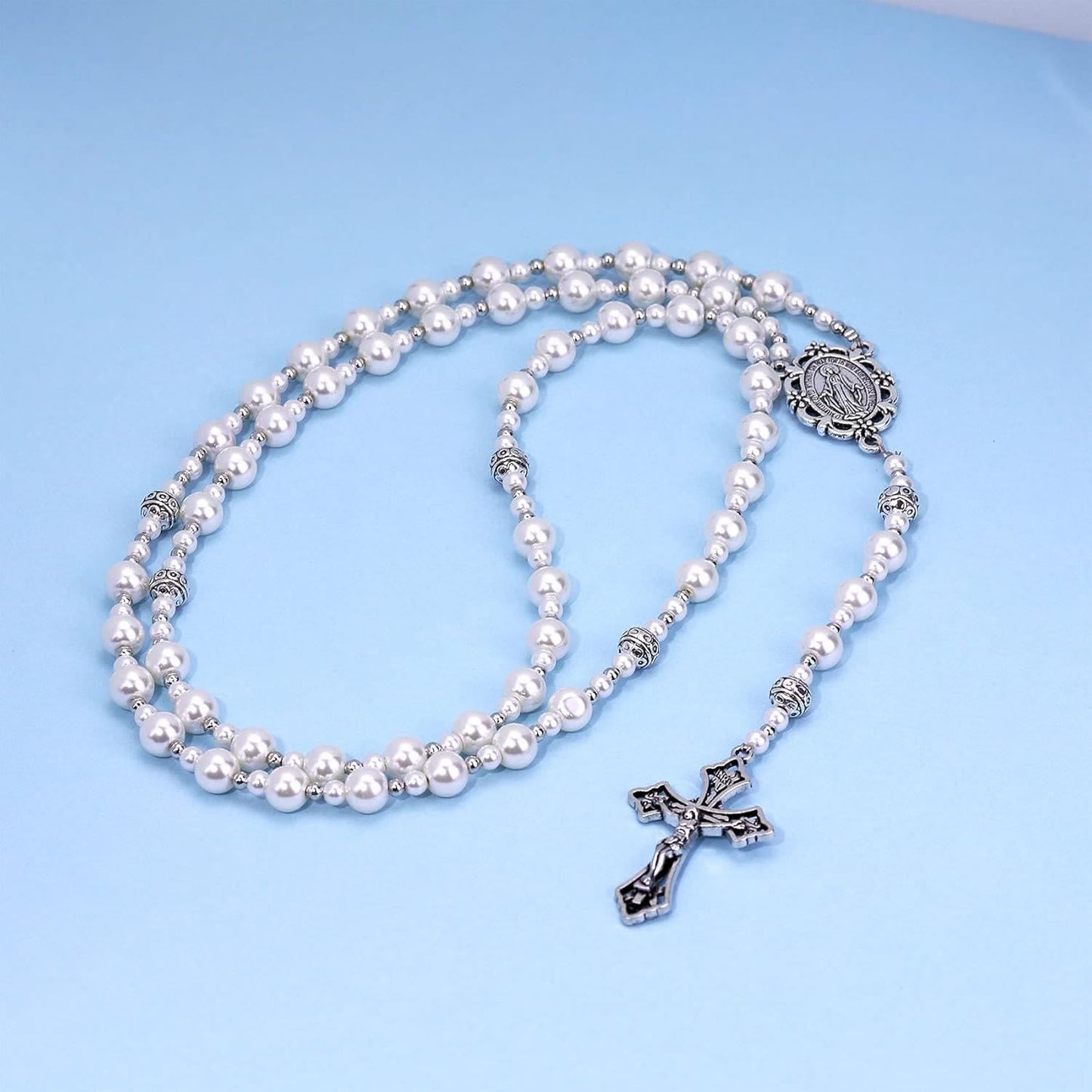AMUSOUL Miraculous Medal & Crucifix of 8mm White  Pearl Ball Prayer Beads Rosary