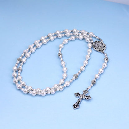 AMUSOUL Miraculous Medal & Crucifix of 8mm White  Pearl Ball Prayer Beads Rosary