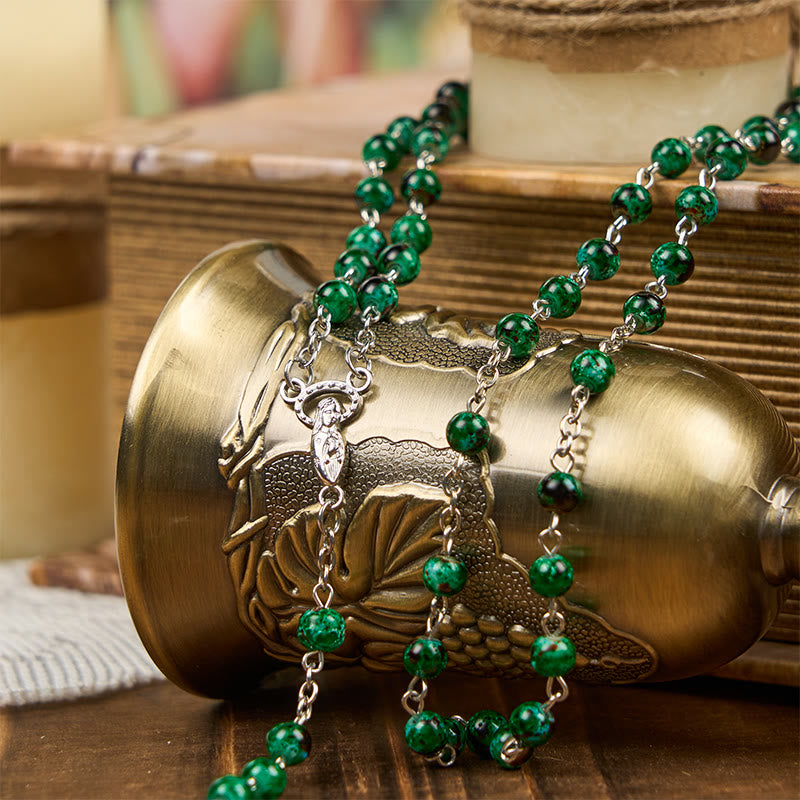AMUSOUL Our Lady & Crucifix of 6mm Green Pattern Glass Beads Prayer Rosary