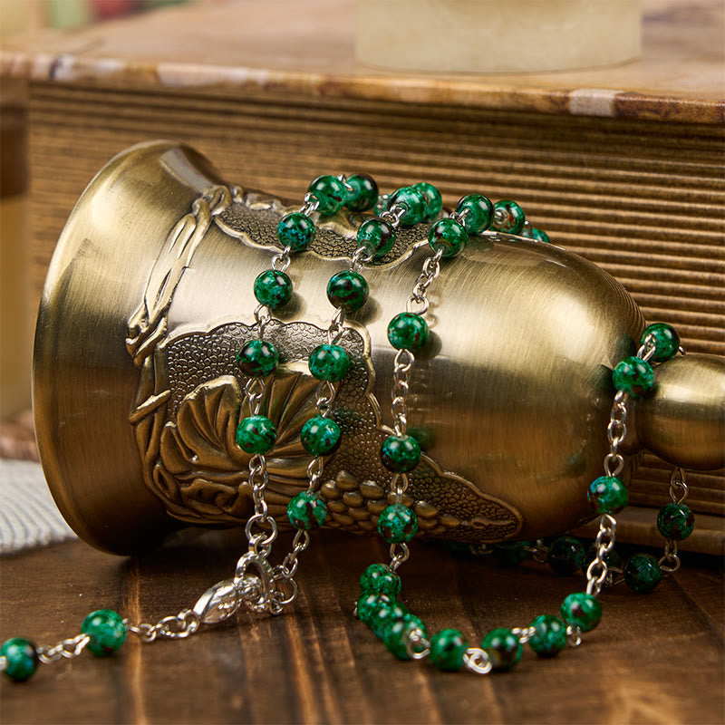 AMUSOUL Our Lady & Crucifix of 6mm Green Pattern Glass Beads Prayer Rosary