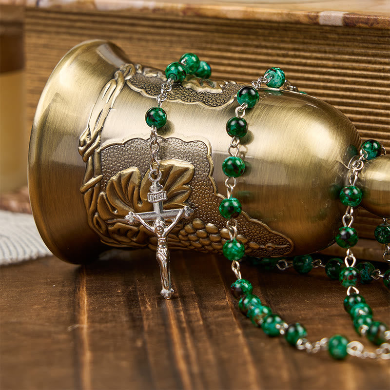 AMUSOUL Our Lady & Crucifix of 6mm Green Pattern Glass Beads Prayer Rosary