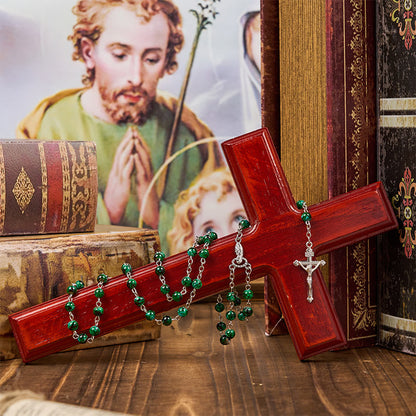 AMUSOUL Our Lady & Crucifix of 6mm Green Pattern Glass Beads Prayer Rosary