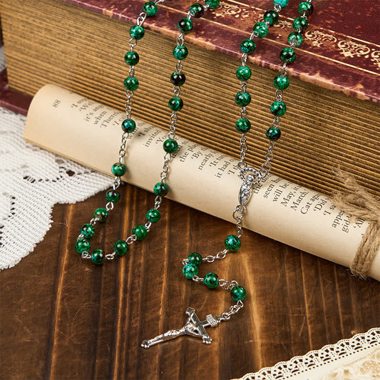AMUSOUL Our Lady & Crucifix of 6mm Green Pattern Glass Beads Prayer Rosary