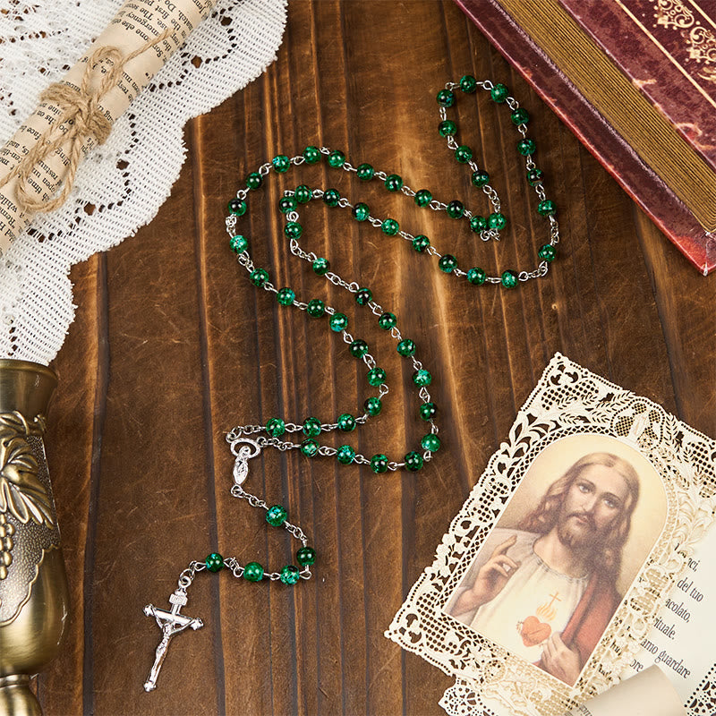 AMUSOUL Our Lady & Crucifix of 6mm Green Pattern Glass Beads Prayer Rosary