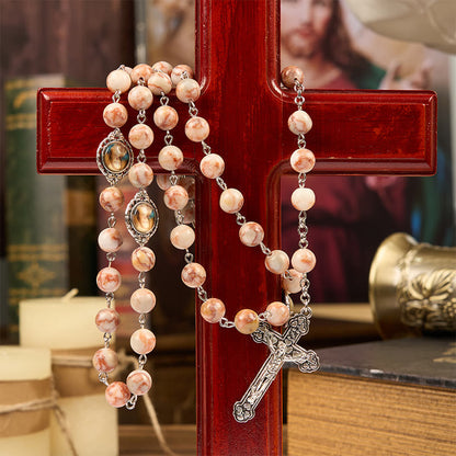 AMUSOUL Our Lady Pray For US & Crucifix of 8mm Red Stone Prayer Beads Rosary