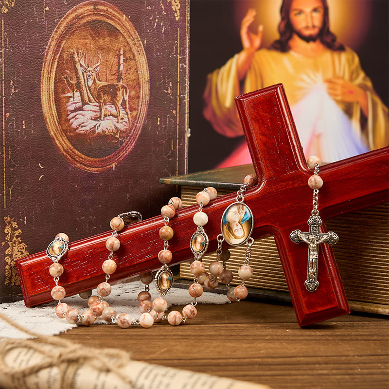 AMUSOUL Our Lady Pray For US & Crucifix of 8mm Red Stone Prayer Beads Rosary