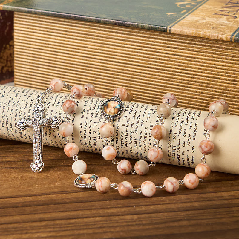AMUSOUL Our Lady Pray For US & Crucifix of 8mm Red Stone Prayer Beads Rosary