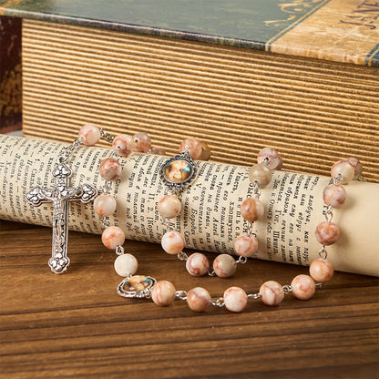 AMUSOUL Our Lady Pray For US & Crucifix of 8mm Red Stone Prayer Beads Rosary
