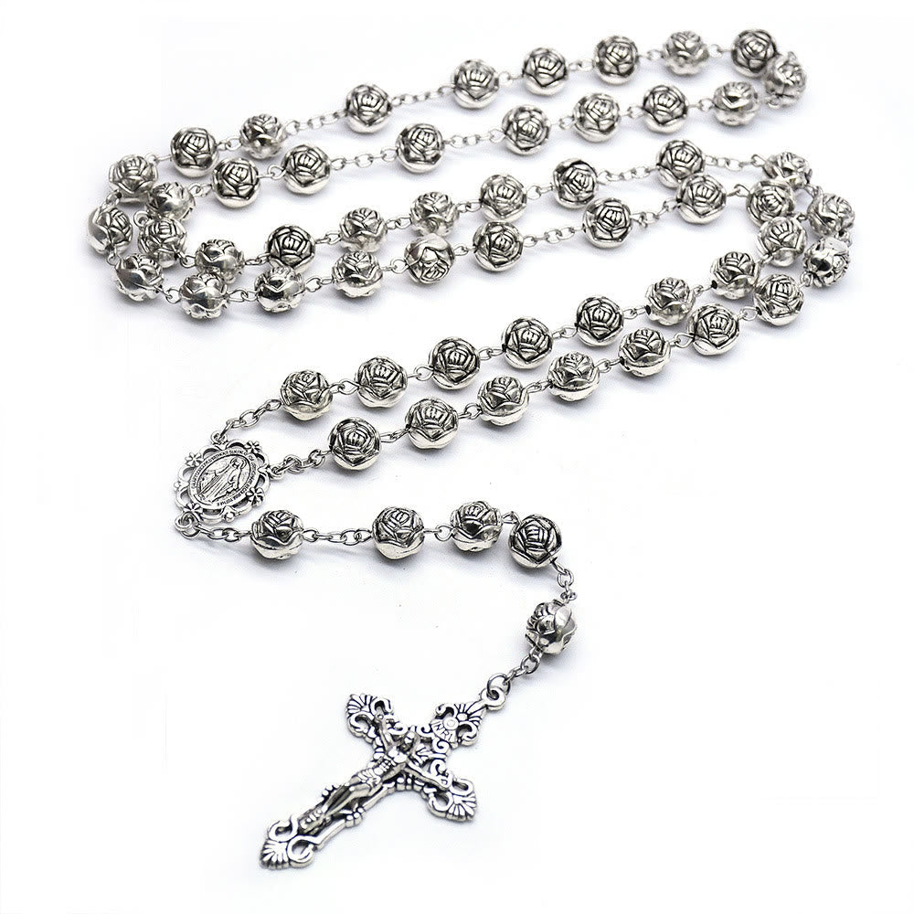 AMUSOUL Miraculous Medal & Crucifix of 10mm Rose Prayer Beads Rosary
