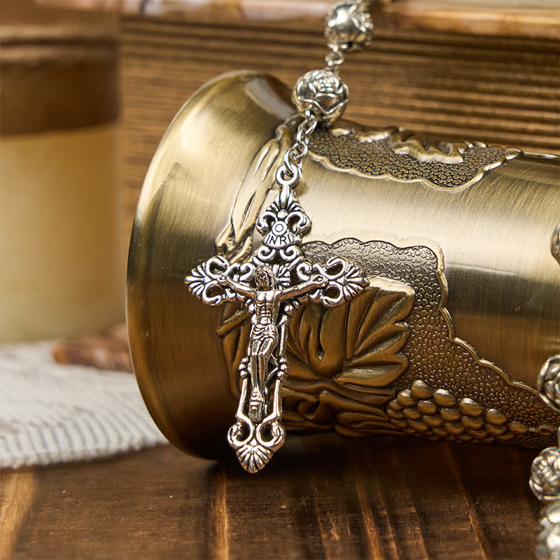 AMUSOUL Miraculous Medal & Crucifix of 10mm Rose Prayer Beads Rosary