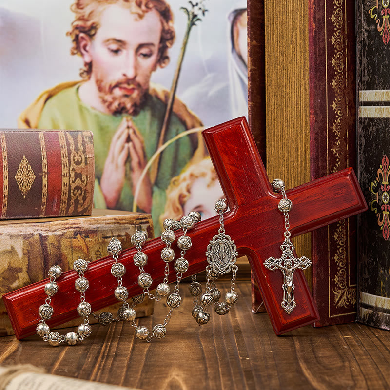 AMUSOUL Miraculous Medal & Crucifix of 10mm Rose Prayer Beads Rosary