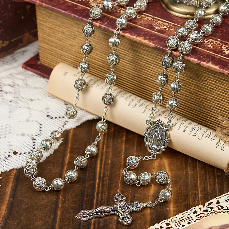 AMUSOUL Miraculous Medal & Crucifix of 10mm Rose Prayer Beads Rosary