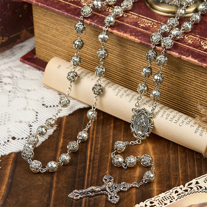 AMUSOUL Miraculous Medal & Crucifix of 10mm Rose Prayer Beads Rosary