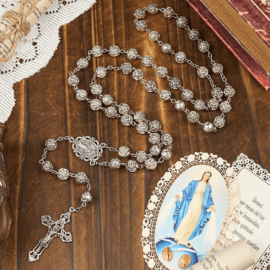 AMUSOUL Miraculous Medal & Crucifix of 10mm Rose Prayer Beads Rosary