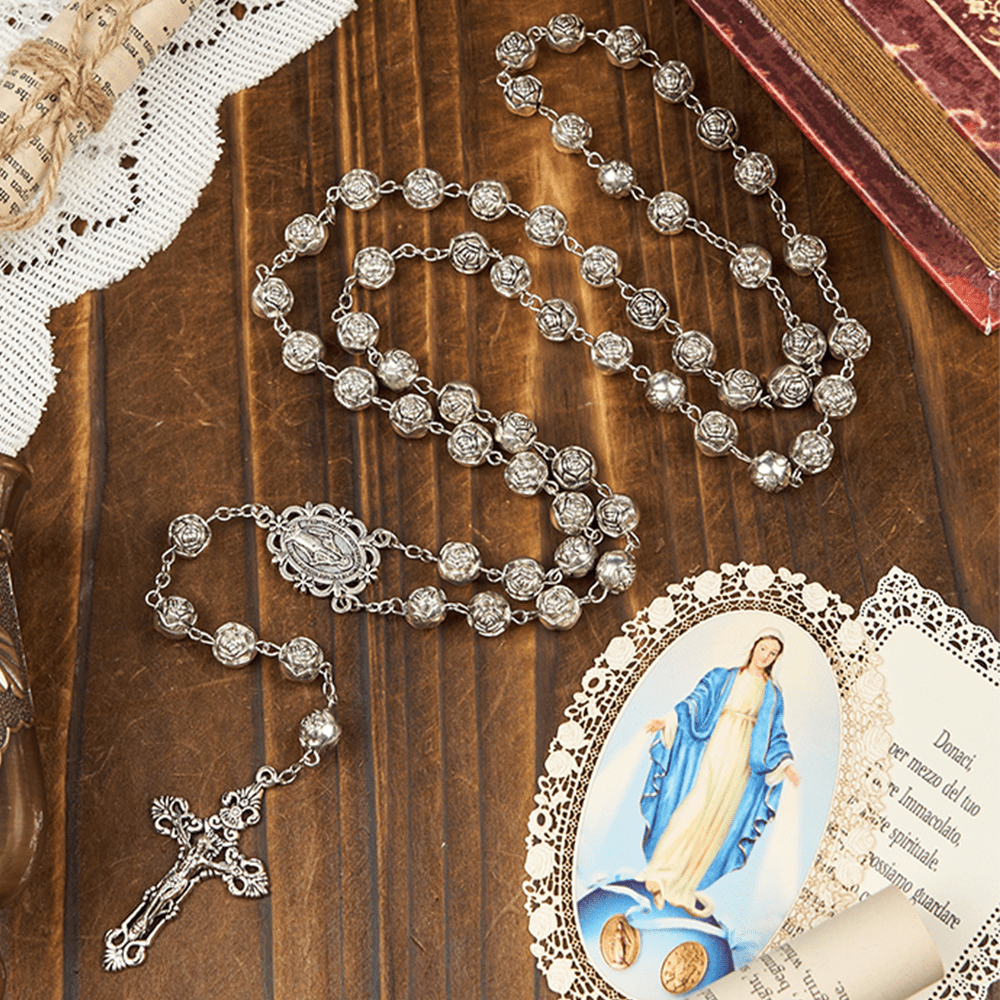 AMUSOUL Miraculous Medal & Crucifix of 10mm Rose Prayer Beads Rosary