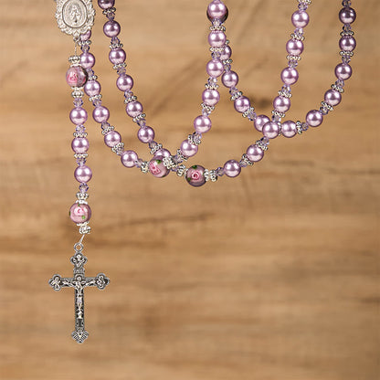 AMUSOUL  Miraculous Medal & Crucifix 8mm Purple Pearl & Crystal Handmade Rosary - Sacred Beads for Holy Prayer