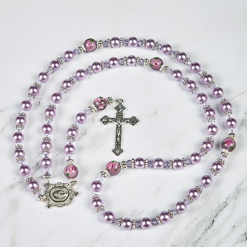 AMUSOUL  Miraculous Medal & Crucifix 8mm Purple Pearl & Crystal Handmade Rosary - Sacred Beads for Holy Prayer