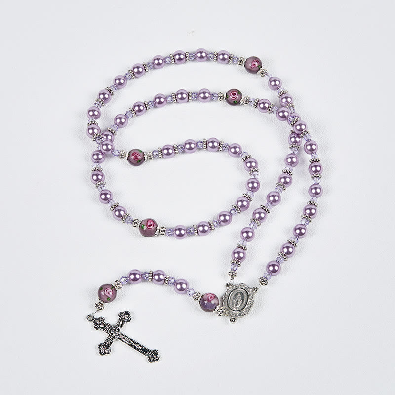 AMUSOUL  Miraculous Medal & Crucifix 8mm Purple Pearl & Crystal Handmade Rosary - Sacred Beads for Holy Prayer