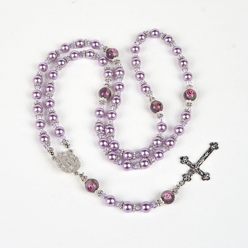 AMUSOUL  Miraculous Medal & Crucifix 8mm Purple Pearl & Crystal Handmade Rosary - Sacred Beads for Holy Prayer