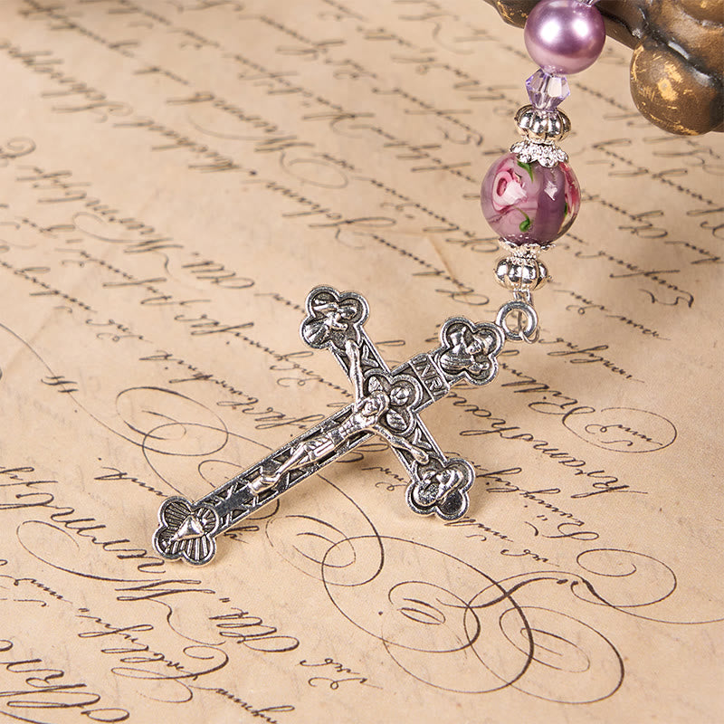 AMUSOUL  Miraculous Medal & Crucifix 8mm Purple Pearl & Crystal Handmade Rosary - Sacred Beads for Holy Prayer