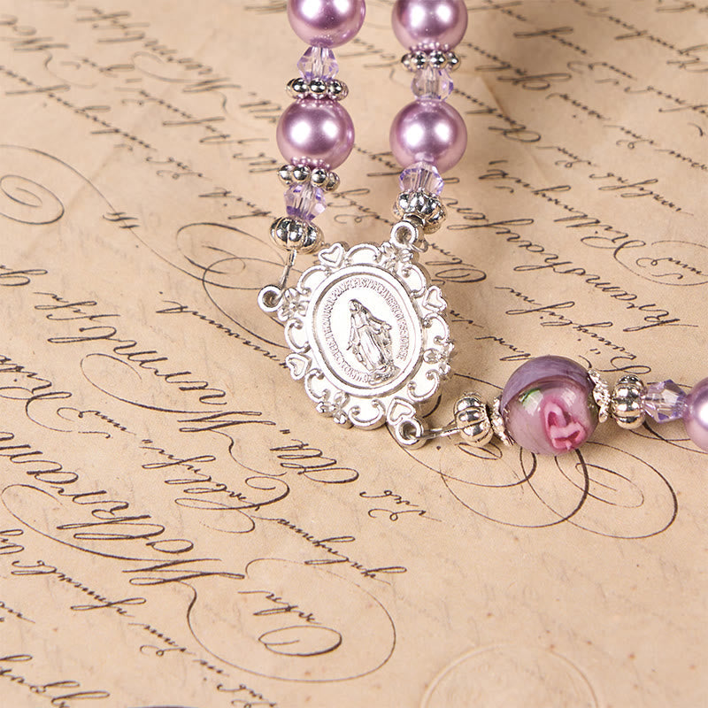 AMUSOUL  Miraculous Medal & Crucifix 8mm Purple Pearl & Crystal Handmade Rosary - Sacred Beads for Holy Prayer