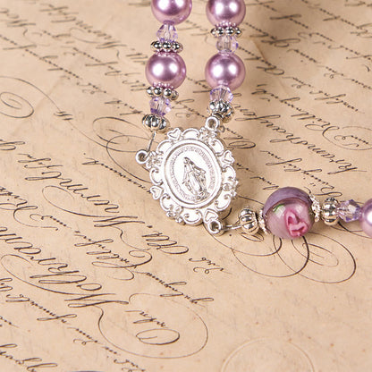 AMUSOUL  Miraculous Medal & Crucifix 8mm Purple Pearl & Crystal Handmade Rosary - Sacred Beads for Holy Prayer