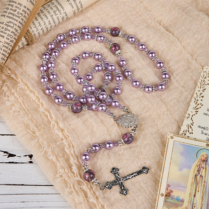 AMUSOUL  Miraculous Medal & Crucifix 8mm Purple Pearl & Crystal Handmade Rosary - Sacred Beads for Holy Prayer
