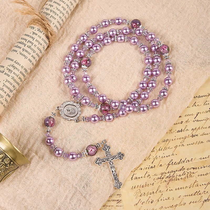 AMUSOUL  Miraculous Medal & Crucifix 8mm Purple Pearl & Crystal Handmade Rosary - Sacred Beads for Holy Prayer