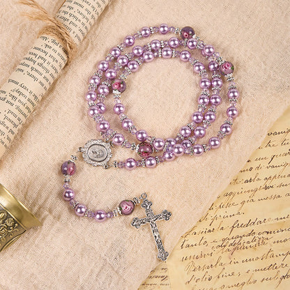 AMUSOUL  Miraculous Medal & Crucifix 8mm Purple Pearl & Crystal Handmade Rosary - Sacred Beads for Holy Prayer