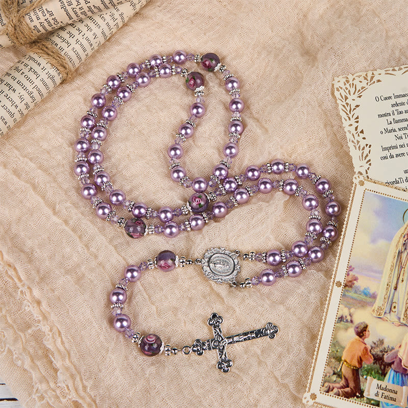 AMUSOUL  Miraculous Medal & Crucifix 8mm Purple Pearl & Crystal Handmade Rosary - Sacred Beads for Holy Prayer