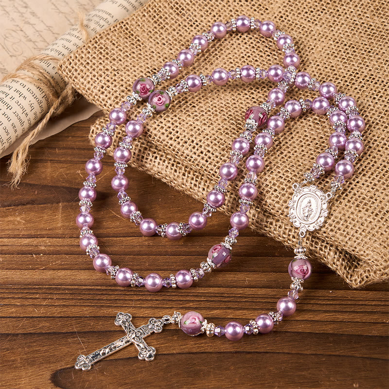 AMUSOUL  Miraculous Medal & Crucifix 8mm Purple Pearl & Crystal Handmade Rosary - Sacred Beads for Holy Prayer