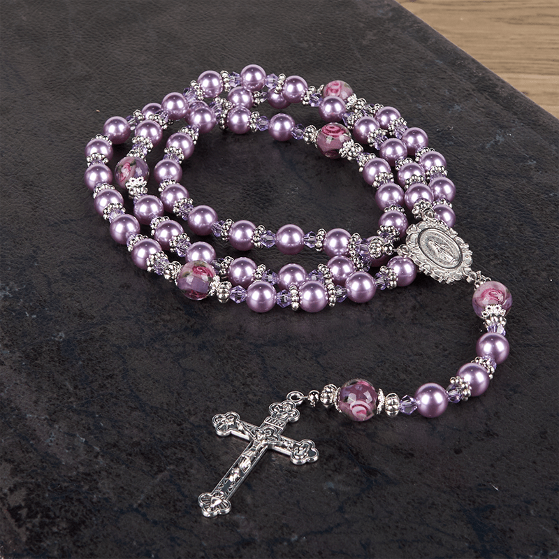 AMUSOUL  Miraculous Medal & Crucifix 8mm Purple Pearl & Crystal Handmade Rosary - Sacred Beads for Holy Prayer