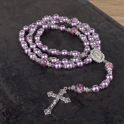 AMUSOUL  Miraculous Medal & Crucifix 8mm Purple Pearl & Crystal Handmade Rosary - Sacred Beads for Holy Prayer