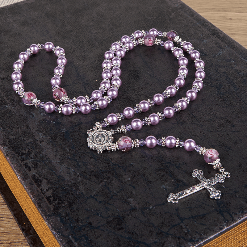 AMUSOUL  Miraculous Medal & Crucifix 8mm Purple Pearl & Crystal Handmade Rosary - Sacred Beads for Holy Prayer