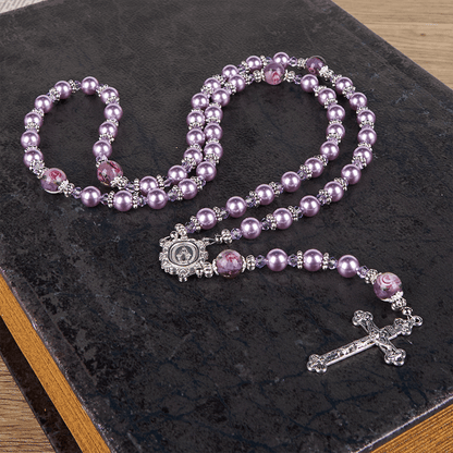 AMUSOUL  Miraculous Medal & Crucifix 8mm Purple Pearl & Crystal Handmade Rosary - Sacred Beads for Holy Prayer