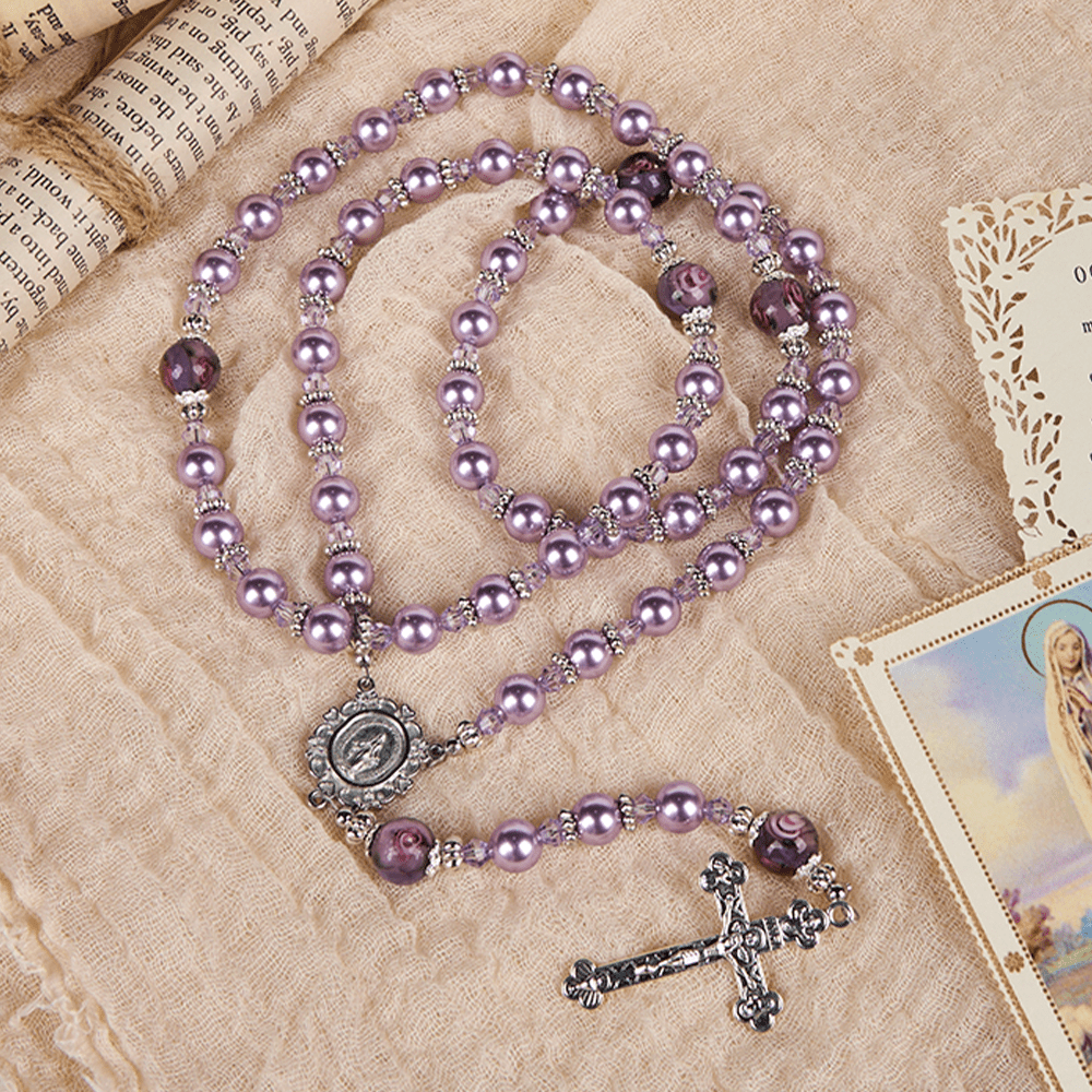 AMUSOUL  Miraculous Medal & Crucifix 8mm Purple Pearl & Crystal Handmade Rosary - Sacred Beads for Holy Prayer