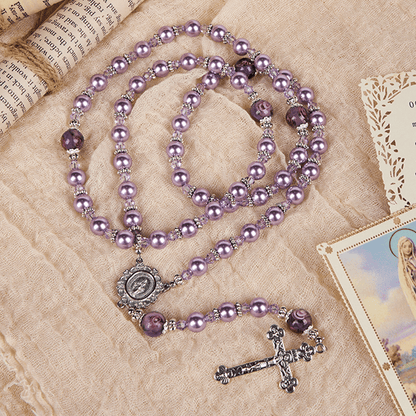 AMUSOUL  Miraculous Medal & Crucifix 8mm Purple Pearl & Crystal Handmade Rosary - Sacred Beads for Holy Prayer