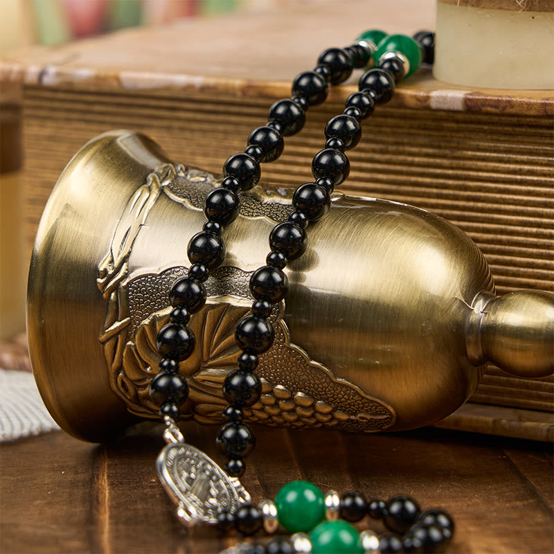 AMUSOUL St. Benedict & Crucifix of 8mm Obsidian & Jade Handmade Bead Rosary - Faith and Sacred Connection