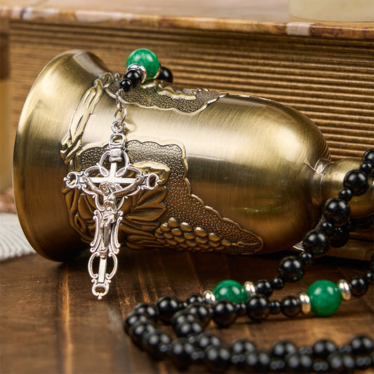 AMUSOUL St. Benedict & Crucifix of 8mm Obsidian & Jade Handmade Bead Rosary - Faith and Sacred Connection