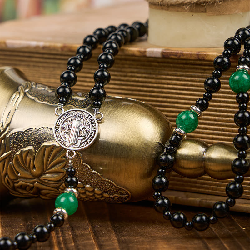 AMUSOUL St. Benedict & Crucifix of 8mm Obsidian & Jade Handmade Bead Rosary - Faith and Sacred Connection