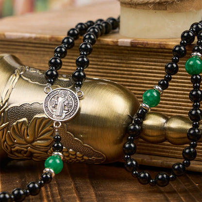 AMUSOUL St. Benedict & Crucifix of 8mm Obsidian & Jade Handmade Bead Rosary - Faith and Sacred Connection