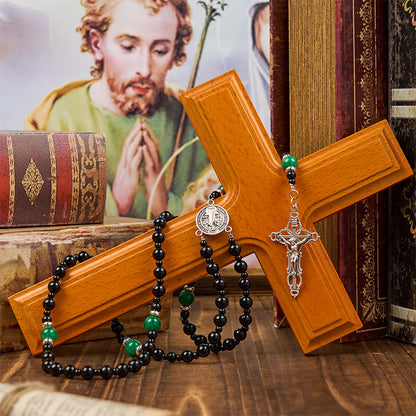 AMUSOUL St. Benedict & Crucifix of 8mm Obsidian & Jade Handmade Bead Rosary - Faith and Sacred Connection